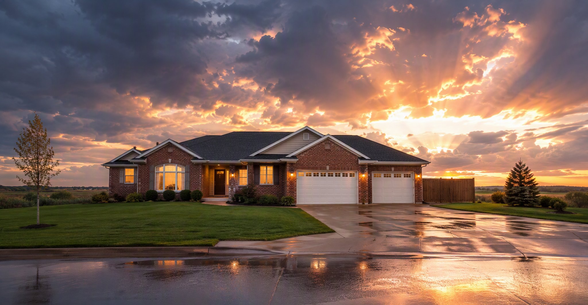 Brick ranch home with white garage doors and a rain-washed driveway under a parting storm sky in Oklahoma City, OK